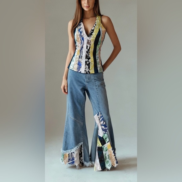 Upcycled Pants - Upcycled two piece Colorful Patchwork brocade Denim and top set size S